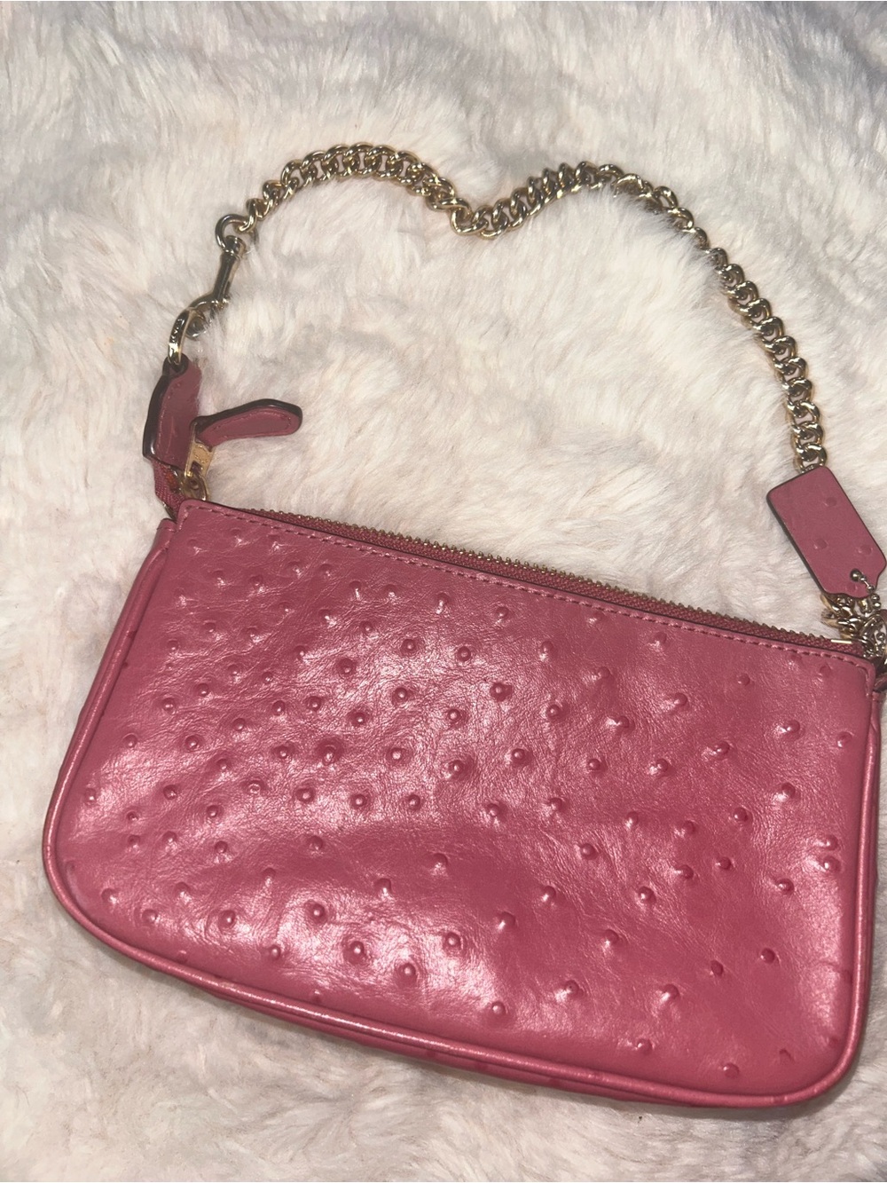 Coach Pink Ostrich-Embossed Wristlet with Gold Chain Strap - Picture 2 of 4